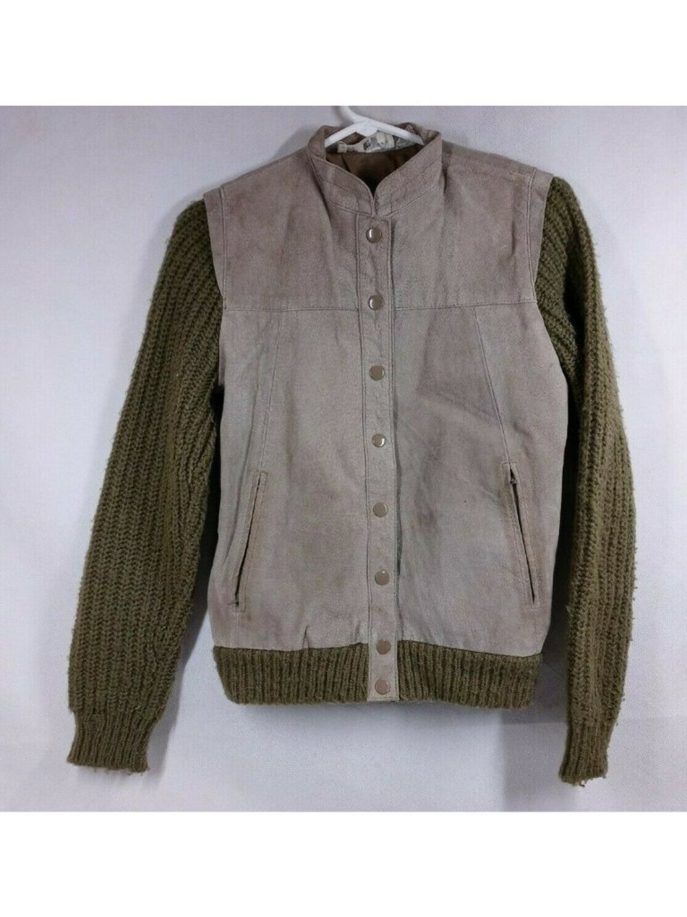 Vtg Sweater Bee By Sanff  Suede Leather Sweater Jacket Small 100% Acrylic Mohair